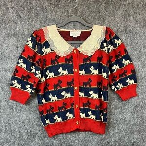 Vintage Sweater Loft Dog Pattern Cardigan with Lace Collar Size M